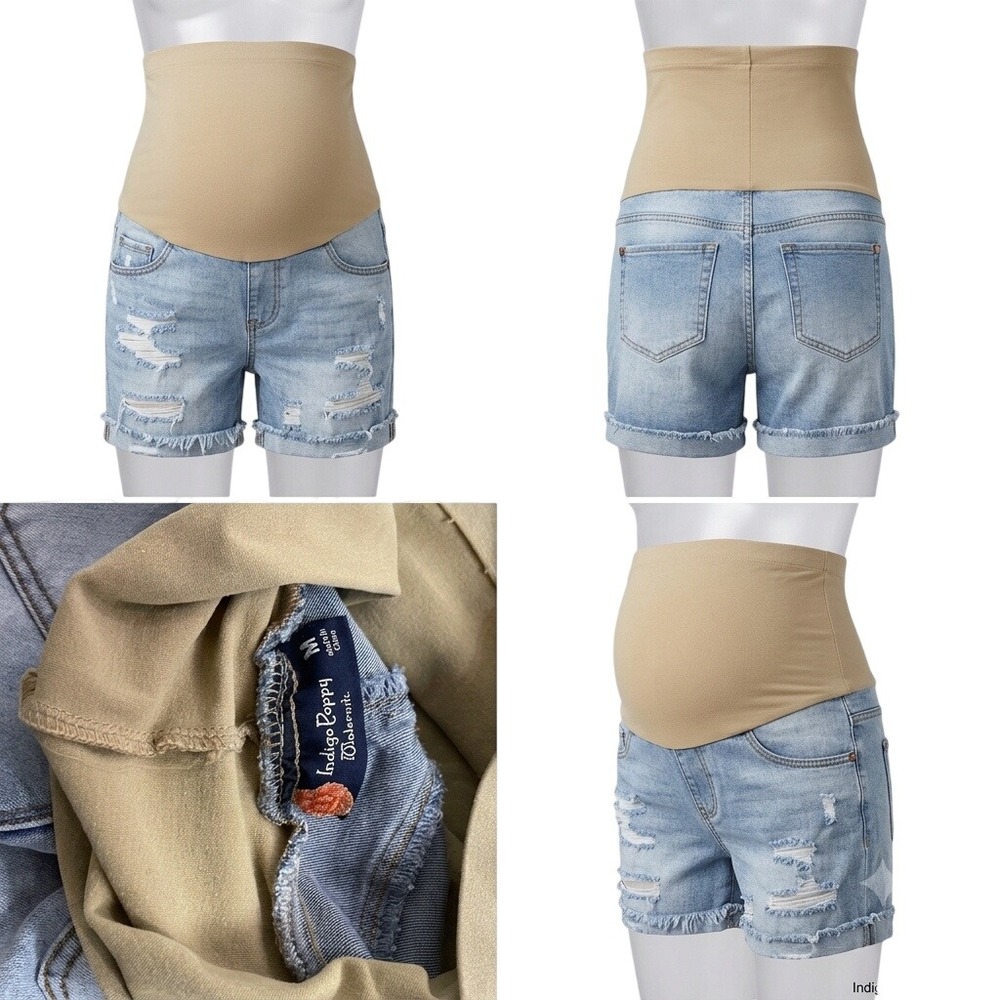 ⁠Indigo Poppy‎ Maternity Shorts Size Medium Distressed Jean Over Belly Blue⁠